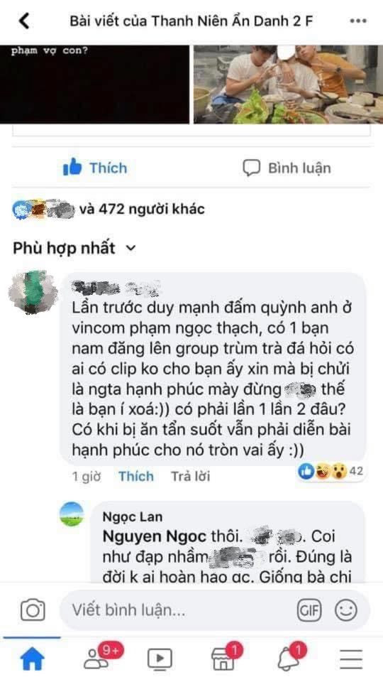 Bên dưới phần bình luận, rất nhiều người cho biết trước đó đã có một bạn nam đăng tải hình ảnh chụp lén Duy Mạnh và Quỳnh Anh xích mích giữa phố lên một diễn đàn lớn. Tuy nhiên, sau khi bị "ném đá", bạn nam này đã xóa ảnh đi.