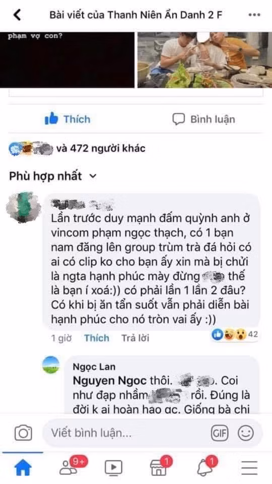 Bên dưới phần bình luận, rất nhiều người cho biết trước đó đã có một bạn nam đăng tải hình ảnh chụp lén Duy Mạnh và Quỳnh Anh xích mích giữa phố lên một diễn đàn lớn. Tuy nhiên, sau khi bị "ném đá", bạn nam này đã xóa ảnh đi.