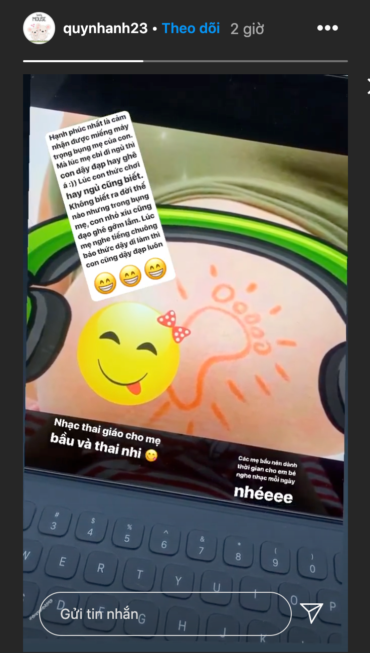 Trên trang cá nhân của mình, Quỳnh Anh chỉ cập nhật trạng thái bầu bì, không lên tiếng cho thông tin mình bị chồng đánh ngay giữa phố.