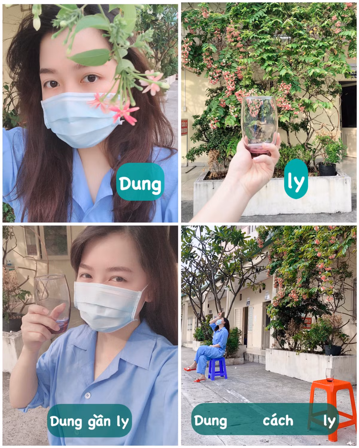 Để khiến khu cách ly Covid-19 trở nên vui vẻ và sinh động hơn, Thùy Dung đã tự nghĩ ra cách giải khuây của mình. Cô bạn chụp ảnh lại những bức ảnh rồi sau đó chế thành những câu nói cực hài hước. Đơn cử như bức ảnh này: "Dung gần ly, Dung cách ly".