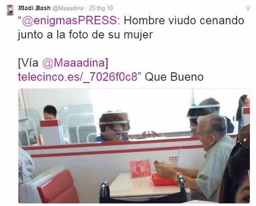 Một trong những bức ảnh khiến dân mạng rơi nước mắt trong năm 2014 cho thấy cụ ông đi ăn KFC với di ảnh vợ. Sau khi được đăng tải trên mạng xã hội, nó đã nhanh chóng thu hút sự quan tâm của cư dân mạng và báo chí. Không ít người sau khi xem xong đã bày tỏ lòng cảm phục, sự ngưỡng mộ dành cho tình yêu vượt thời gian của cụ.