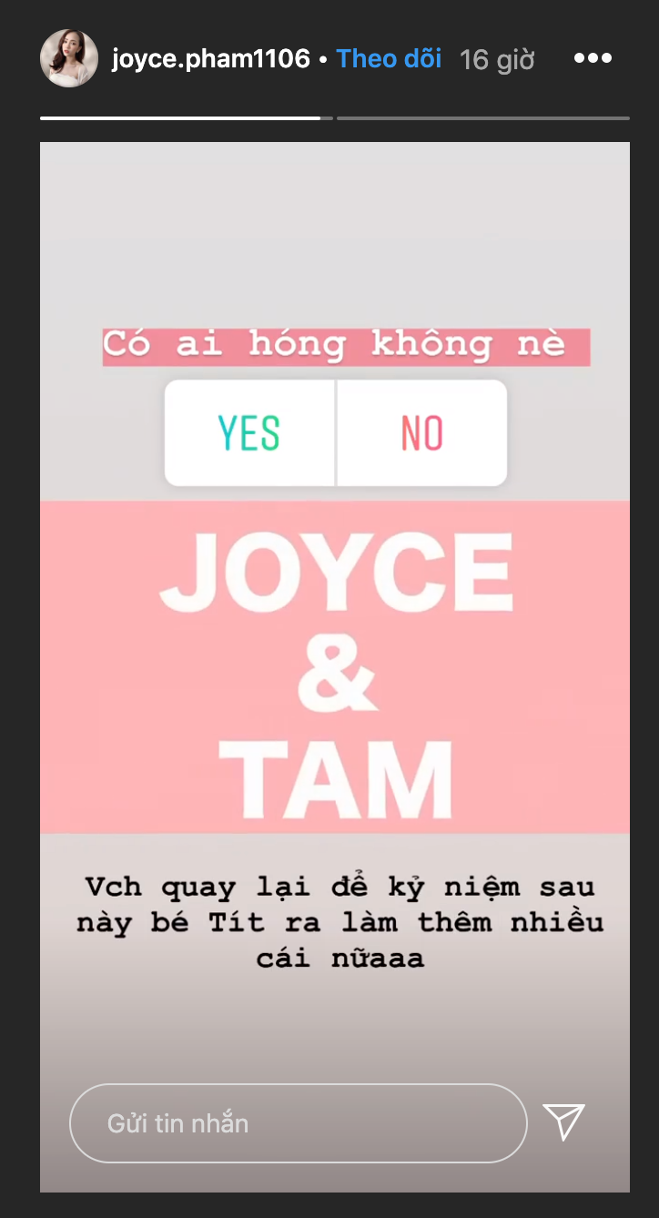 Trên story của mình, Joyce Phạm cũng đăng tải video hậu trường của bộ ảnh khoe bụng bầu sắp đến tháng đẻ. "Vợ chồng quay lại để kỷ niệm sau này bé Tít ra làm thêm nhiều cái nữa" - Rich Kid hào hứng cho biết.