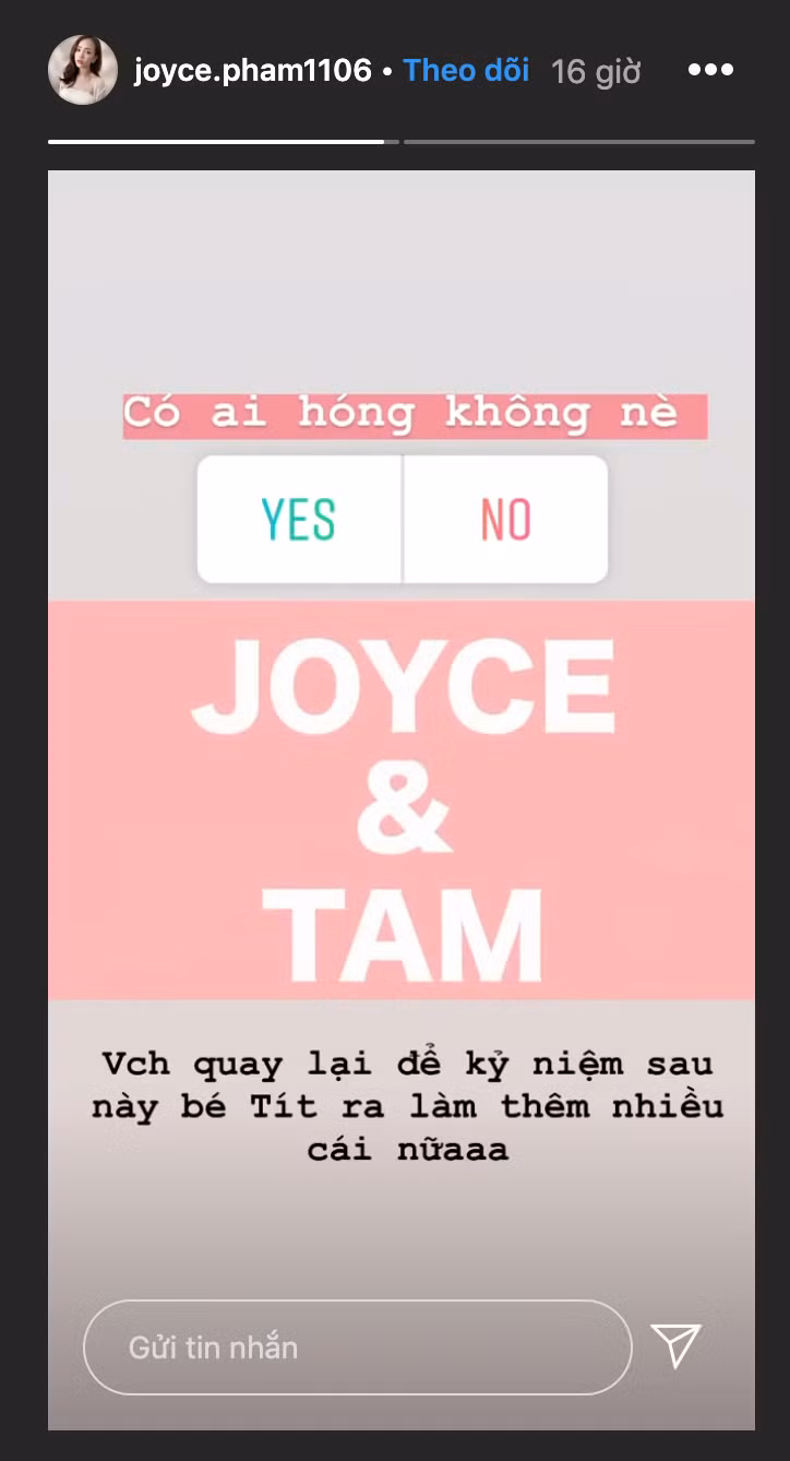 Trên story của mình, Joyce Phạm cũng đăng tải video hậu trường của bộ ảnh khoe bụng bầu sắp đến tháng đẻ. "Vợ chồng quay lại để kỷ niệm sau này bé Tít ra làm thêm nhiều cái nữa" - Rich Kid hào hứng cho biết.