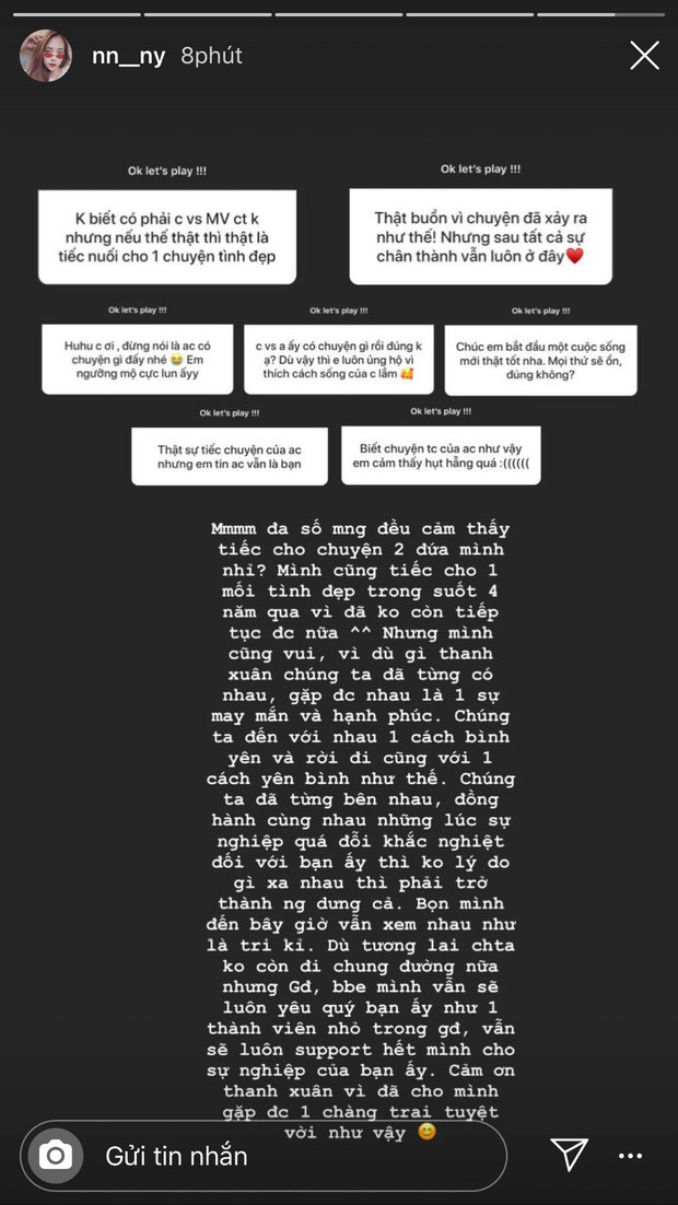 Mới đây, trả lời người hâm mộ về việc chia tay Minh Vương, Nguyễn Nguyên chia sẻ cô cho biết cô và bạn trai chia tay trong yên bình và cả hai vẫn là bạn bè, ủng hộ nhau hết mình.