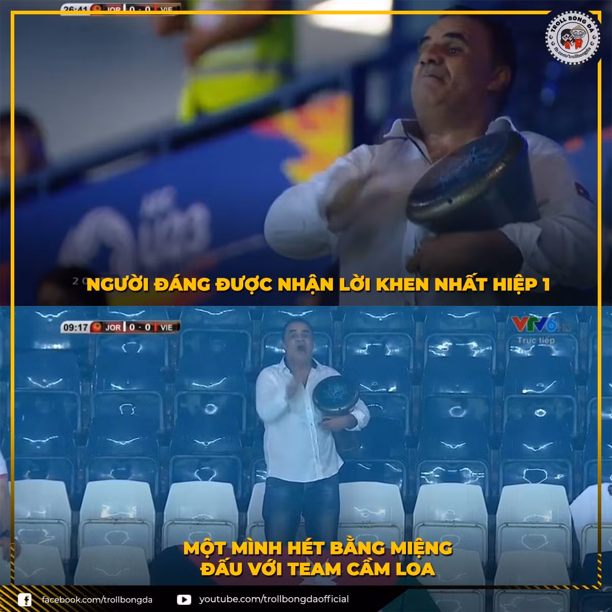 Trái ngược với đám đông cổ vũ cho đội tuyển U23 Việt Nam thì U23 Jordan chỉ có duy nhất một cổ động viên vừa gõ trống vừa hét khiến người xem truyền hình vừa thương vừa buồn cười. Thấy cũng tội mà thôi cũng kệ.