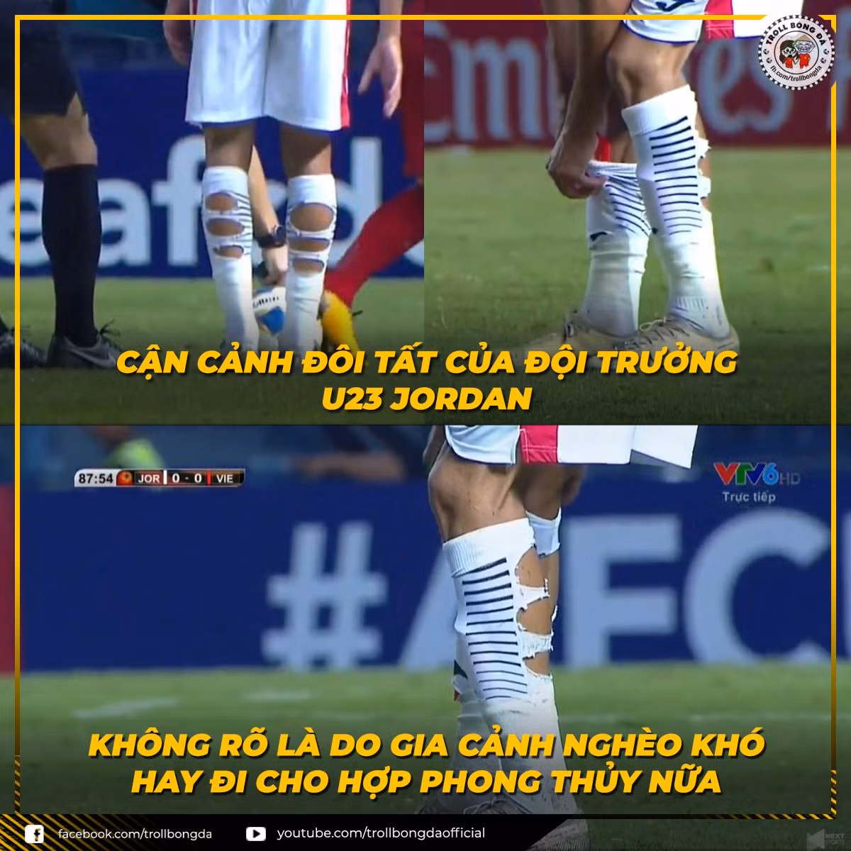 Đôi tất gây chú ý nhất trận đấu. Không hiểu vì lý do thời trang hay gì mà đội trưởng của U23 Jordan lại diện mốt kỳ lạ thế kia? Hay là không có tiền mua tất mới?