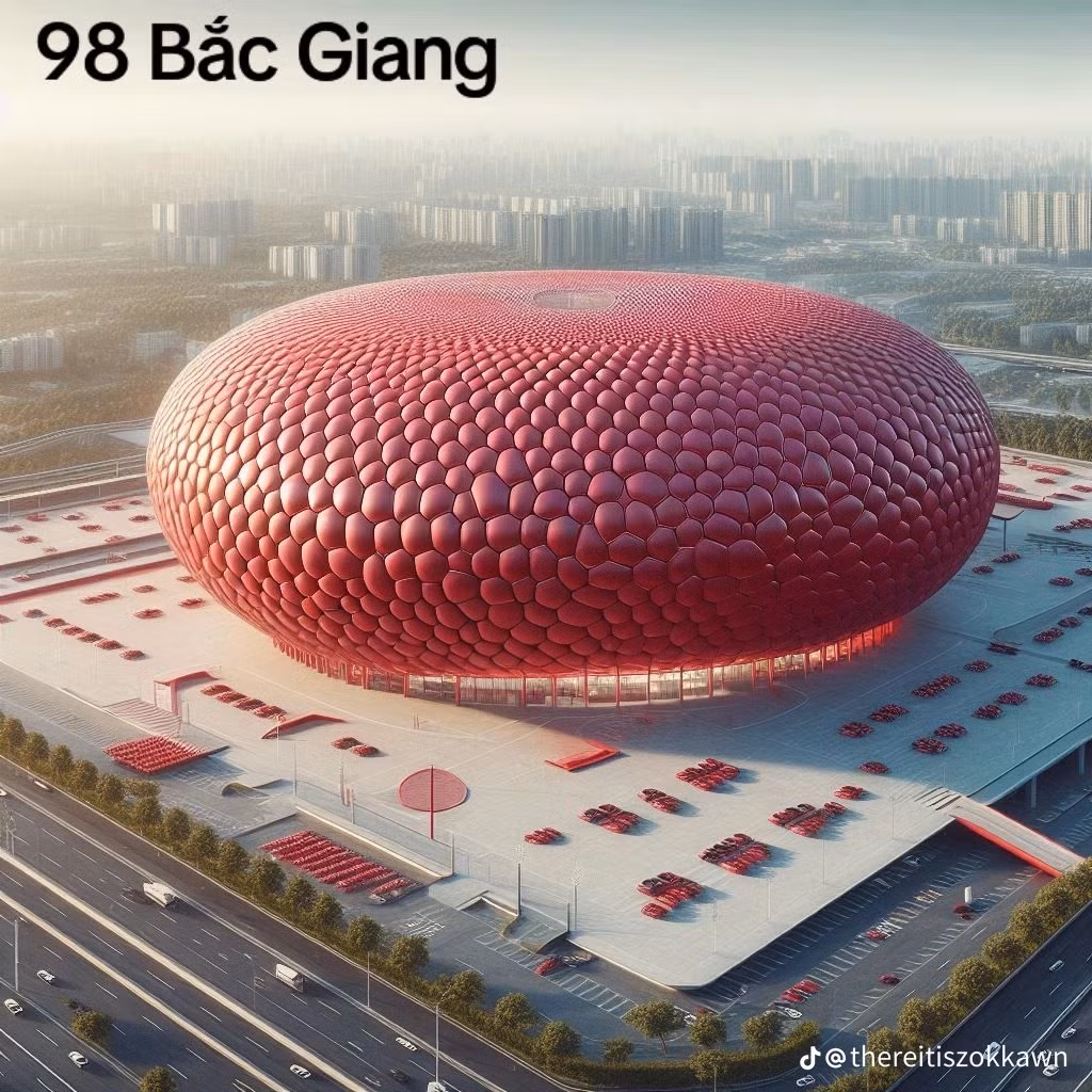 Sân vận động ở Bắc Giang với cảm hứng từ những trái vải thiều chín đỏ.