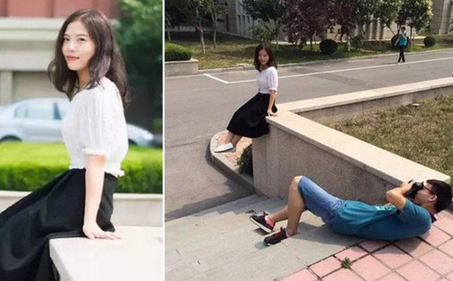 Chàng trai sẵn sàng nằm dài dưới nền đất để bắt góc chụp thật chuẩn cho cô bạn này.
