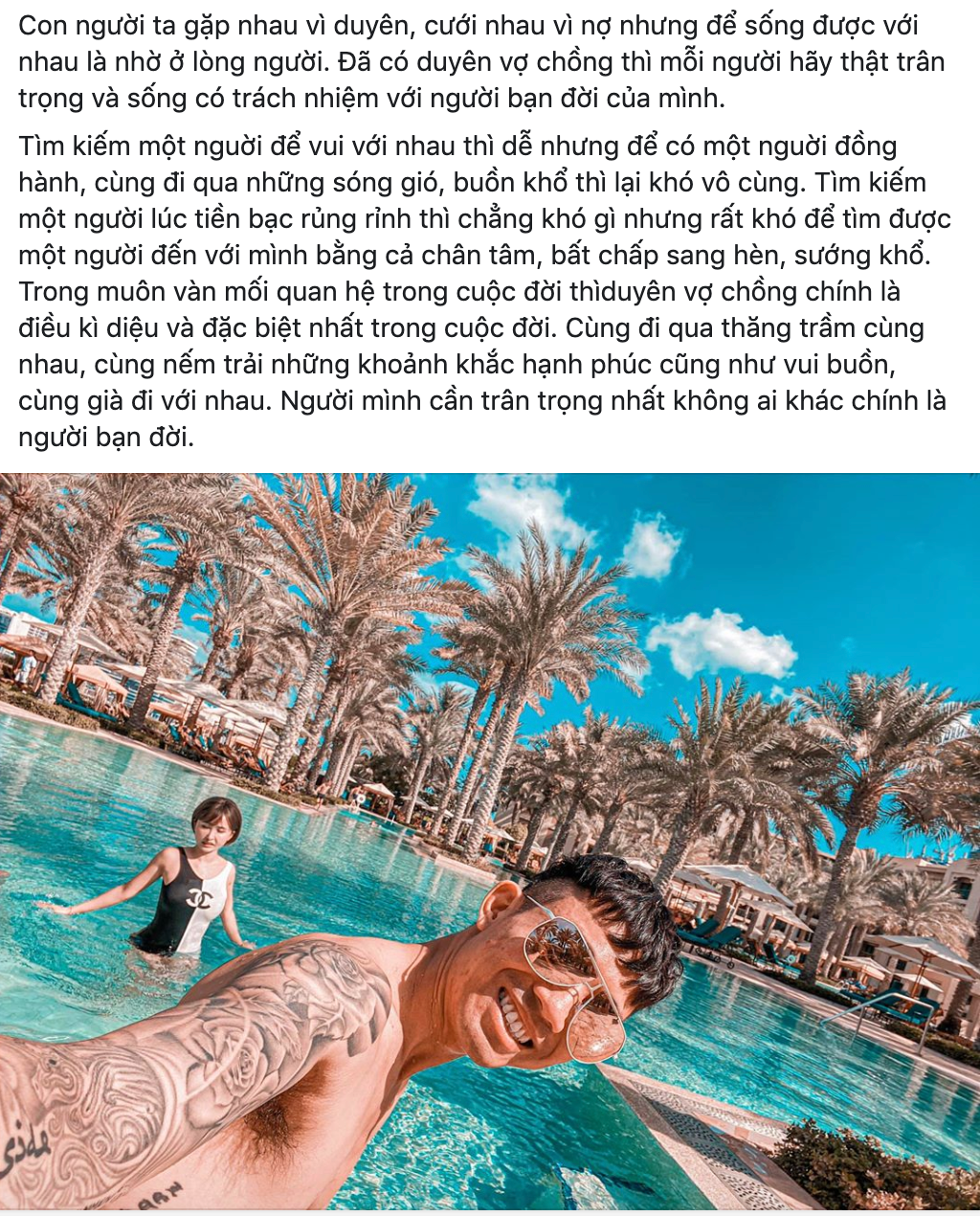 Valentine năm nay, vợ hai Minh Nhựa là Mina Phạm đã đăng tải một tâm thư cực dài gửi đến chồng mình. Cô viết: "Con người ta gặp nhau vì duyên, cưới nhau vì nợ nhưng để sống được với nhau là nhờ ở lòng người. Đã có duyên vợ chồng thì mỗi người hãy thật trân trọng và sống có trách nhiệm với người bạn đời của mình".