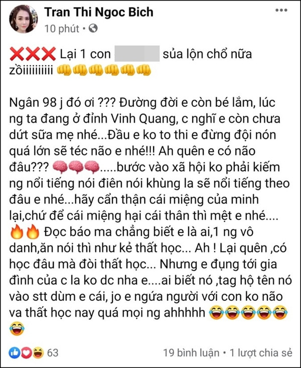 Chị gái của Ngọc Trinh đã từng ra mặt lên tiếng trên trang cá nhân để dằn mặt Ngân 98 vì những lời lẽ động chạm không hay ho trước đó.
