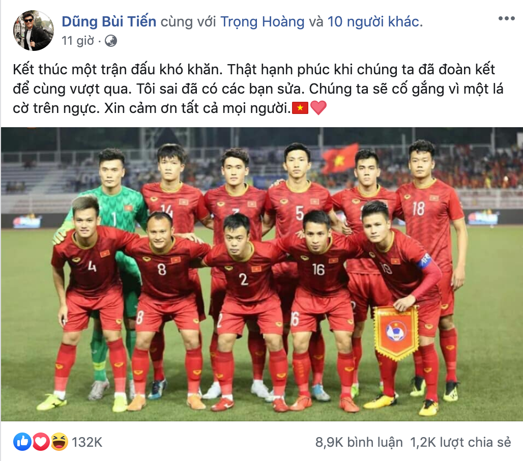 Khi trận đấu kết thúc, thủ môn thuộc biên chế CLB Hà Nội đã lên Facebook gửi lời cảm ơn tới đồng đội và người hâm mộ đồng thời nhận lỗi sai về mình. Anh cũng cho biết sẽ cố gắng hết sức vì lá cờ trên ngực áo.