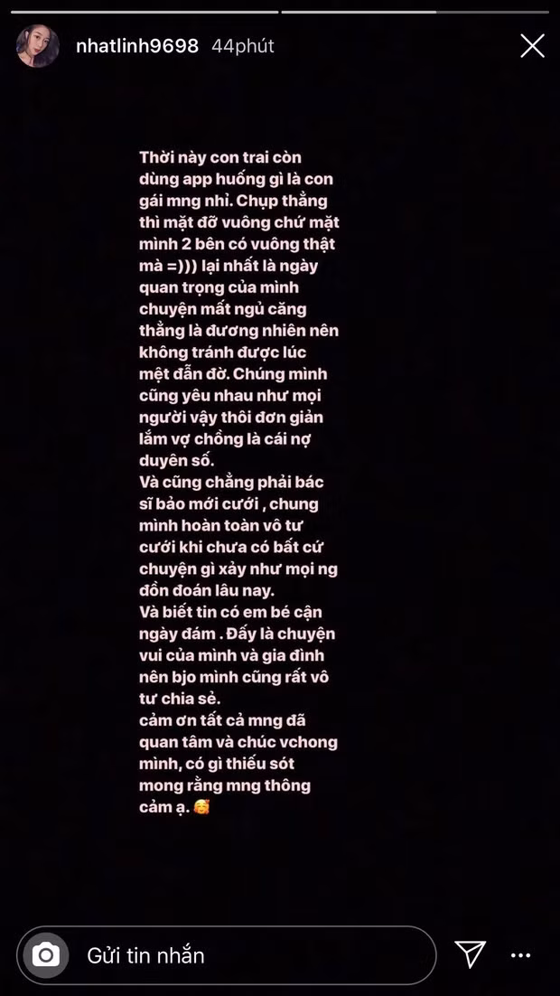 Ngay sau buổi tối cùng ngày, cô dâu đã lên tiếng giải thích cho việc lộ gương mặt quá khác ảnh. Hot girl thừa nhận sở hữu 2 góc mặt vuông thế nhưng nếu chụp thẳng mặt sẽ không thấy. Hơn nữa hiện nay, việc sử dụng các phần mềm chỉnh sửa ảnh là quá bình thường, con trai còn dùng huống chi con gái, ai cũng muốn đẹp hơn.