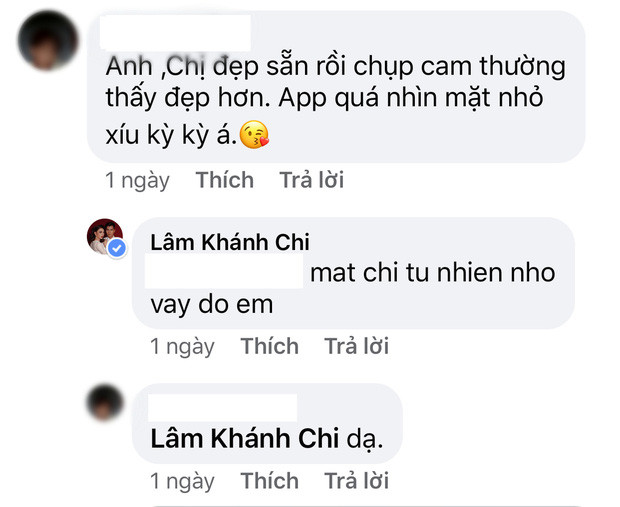 Đáp lại bình luận của người hâm mộ, Lâm Khánh Chi có viết trên trang cá nhân cho biết "Mặt chị tự nhiên nhỏ vậy đó em" để khẳng định nhan sắc thật chứ không cần phải nhờ đến sự can thiệp các phần mềm chụp ảnh nào.