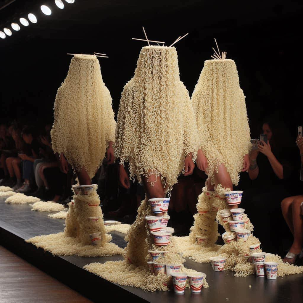 Sàn runway cũng được trang trí bởi phụ kiện có hình sợi mì.