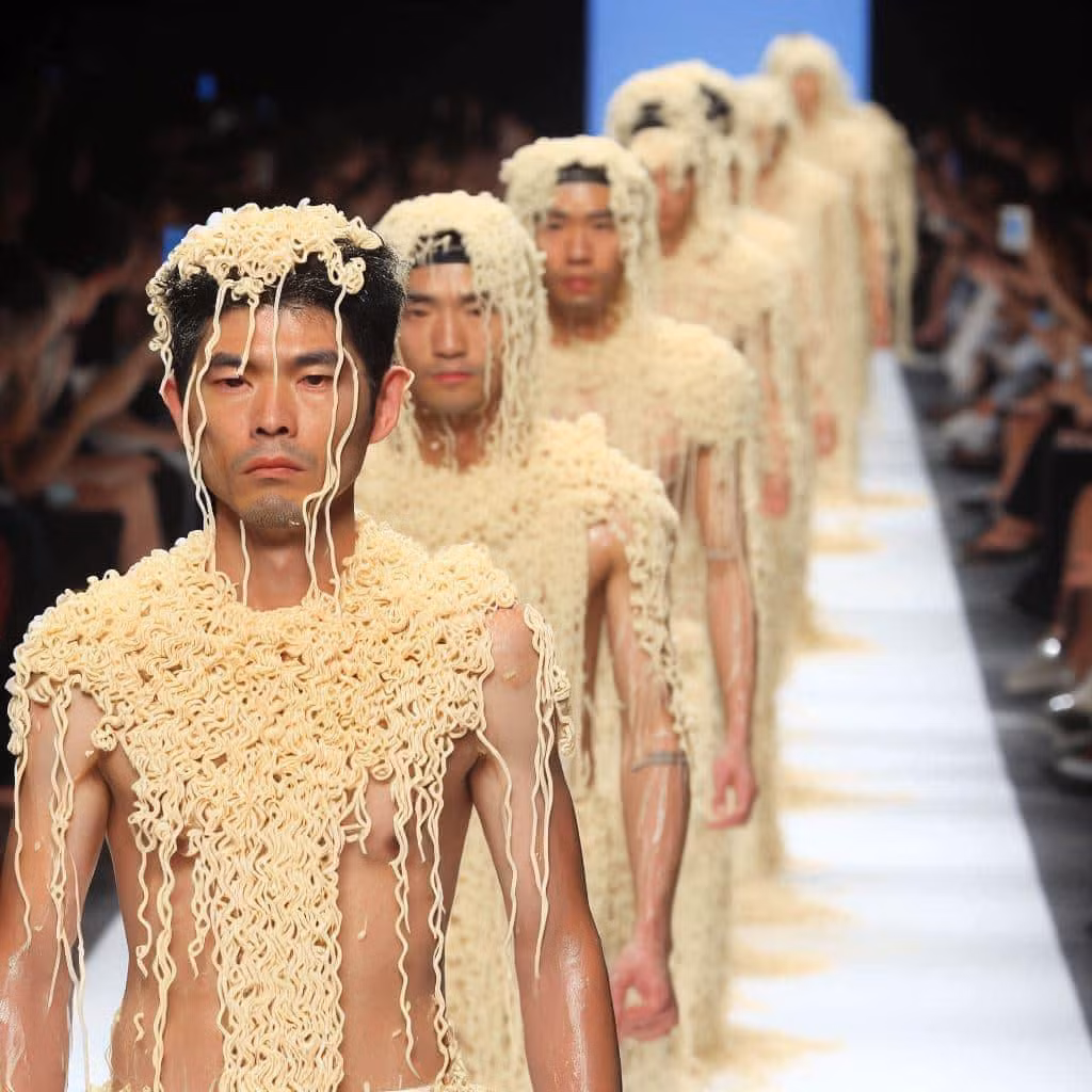 Trang phục hoàn toàn được làm từ những sợi mì ramen gồm áo, quần, váy, đôi bốt, mũ đội đầu, thậm chí có cả những đôi đũa trên đầu.