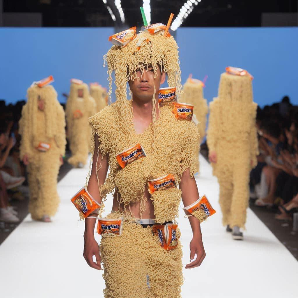 Theo đó, các người mẫu nam và nữ đều khoác lên mình những trang phục rất kỳ lạ có hình dạng những sợi mì, phụ kiện và họa tiết là bao bì của gói mì.