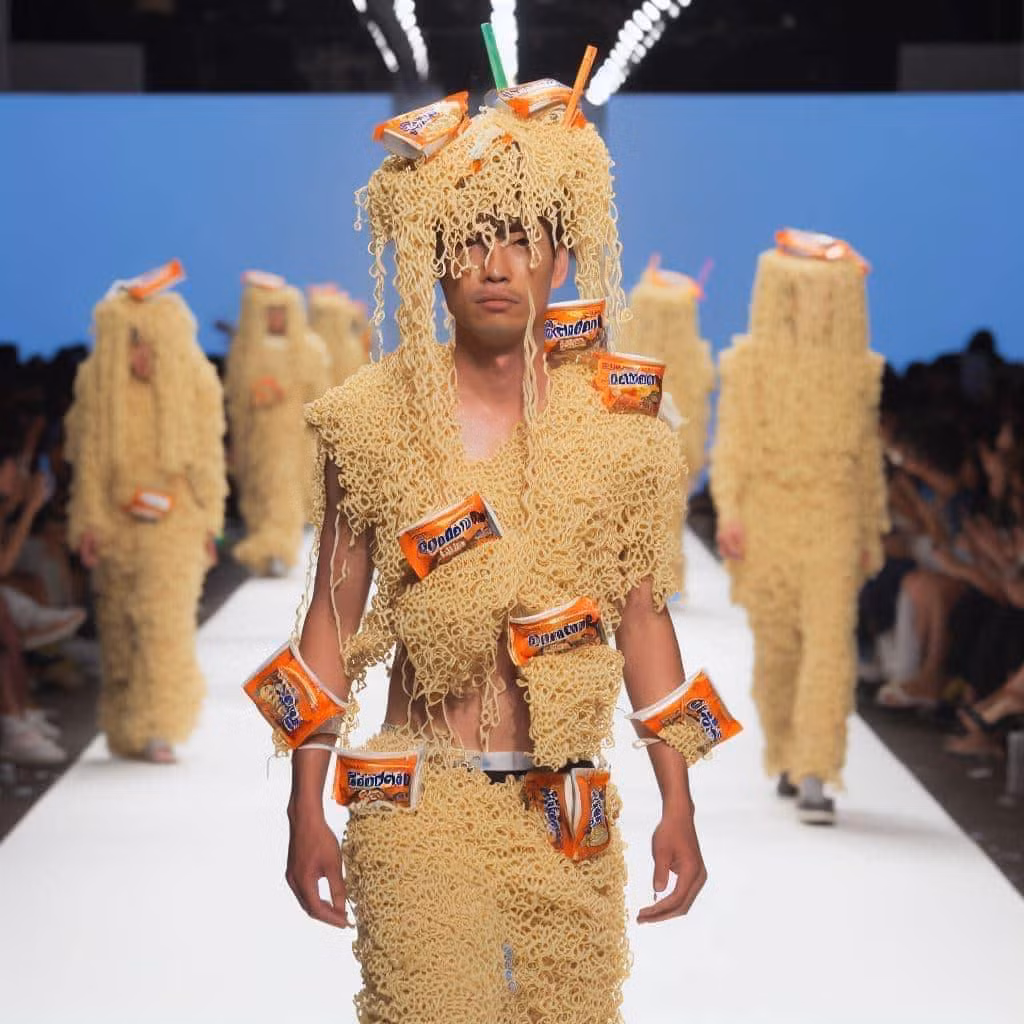 Theo đó, các người mẫu nam và nữ đều khoác lên mình những trang phục rất kỳ lạ có hình dạng những sợi mì, phụ kiện và họa tiết là bao bì của gói mì.