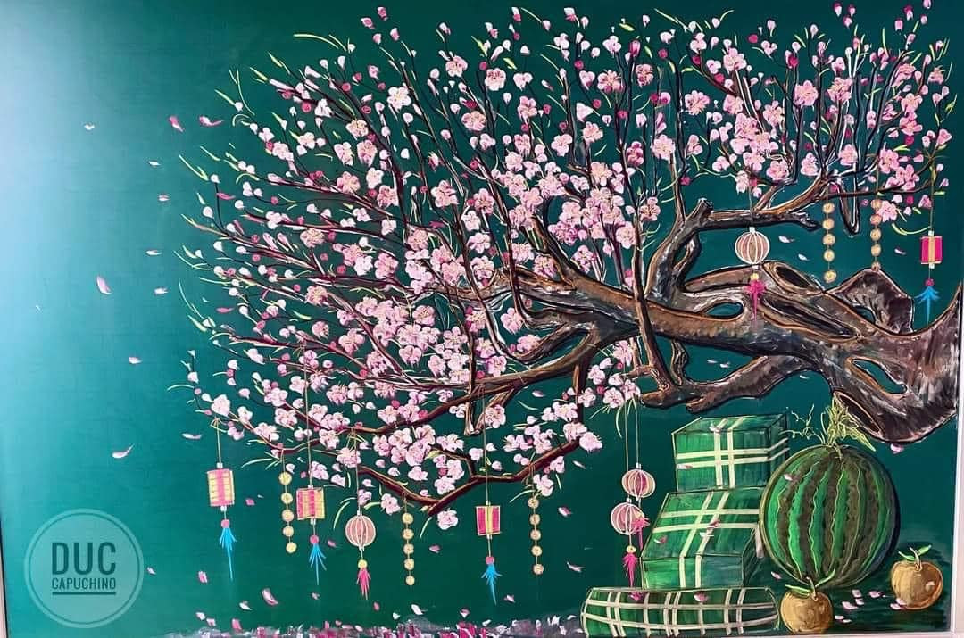 Không chỉ những màu cơ bản, tác giả của bức tranh còn linh hoạt pha màu để tạo ra được những màu khác nhau như hồng, xanh nhạt, cam...