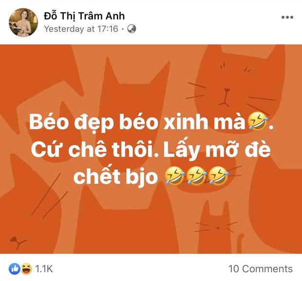 Ngay lập tức, Trâm Anh đã tăng tải trạng thái đáp trả cực gắt những người lên tiếng chê cô. "Béo đẹp béo xinh mà, cứ chê thôi. Lấy mỡ đè chết bây giờ" - hot girl xứ Thanh đùa vui.