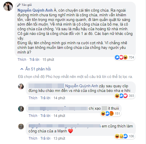 Khi nhắc đến việc xóa biệt danh "công chúa béo", bà xã Duy Mạnh cho biết cô chỉ là công chúa đối với bố mẹ, với chồng chứ vẫn là người bình thường, lao động vất vả, chưa từng ra vẻ với bất kỳ ai.