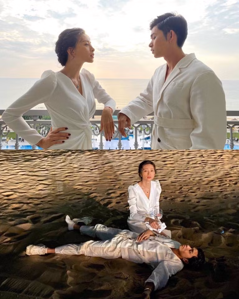 "Đả nữ" Ngô Thanh Vân thất thần ngồi bên Jun đang say ngủ trên bờ biển.