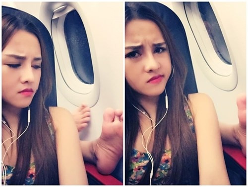 Cô gái tỏ ra bất bình trước bàn chân "xấu xí" của vị khách phía sau.