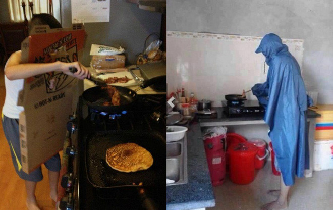 Đàn ông là những đứa trẻ to xác quả không sai, đầu đội trời chân đạp đất nhưng cứ vào bếp nấu nướng là phải trang bị đủ các loại bảo hộ tự chế cứ như chuẩn bị đi đánh trận.