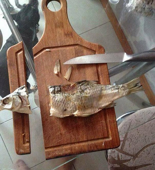 Dùng sức mạnh hơi quá tay nên không chỉ chặt được cá mà hỏng luôn cả cái thớt.