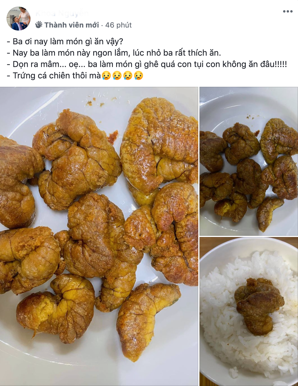 Bố làm món ăn tuổi thơ là trứng cá chiên nhưng nhìn xong các con chỉ muốn nôn oẹ.