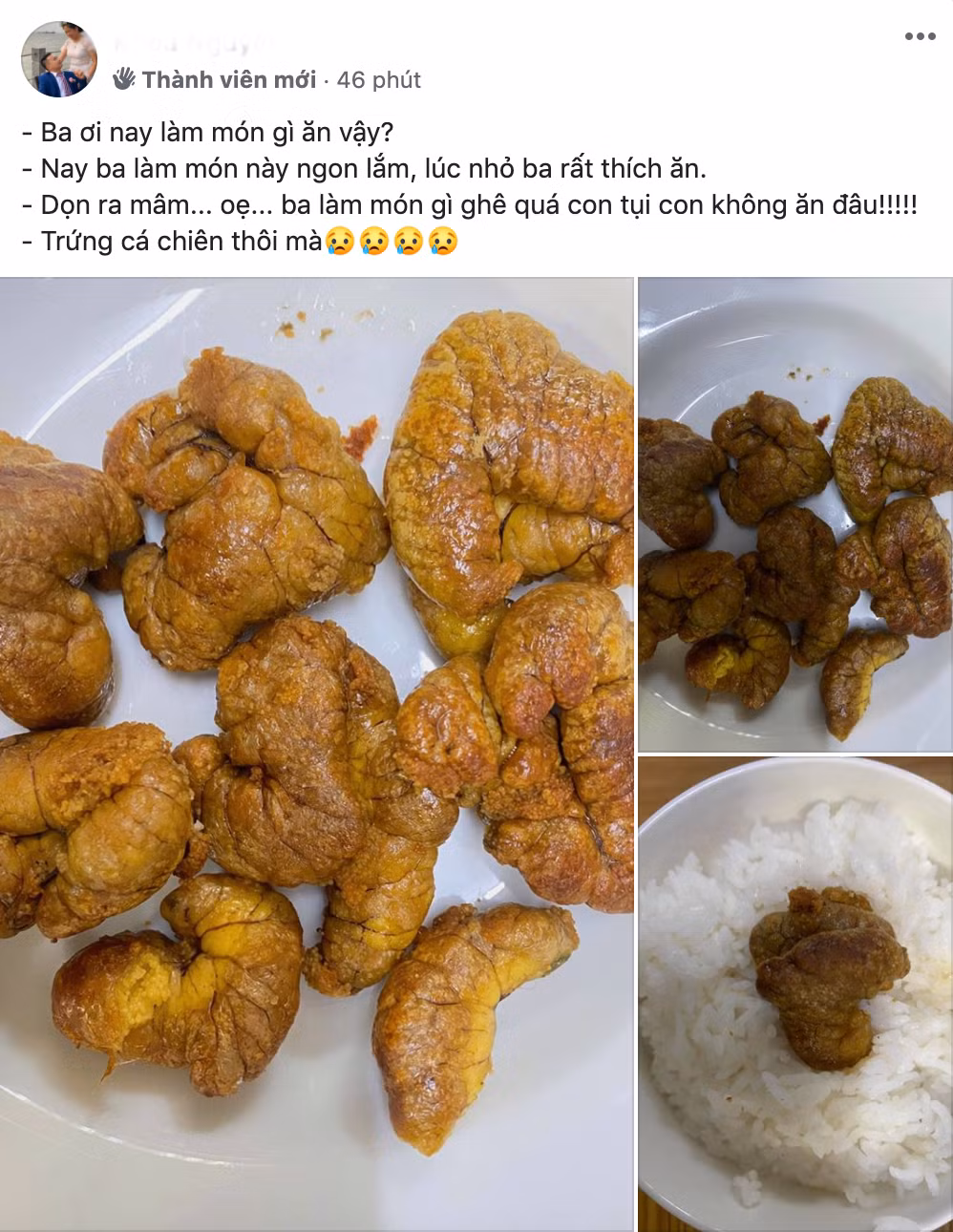 Bố làm món ăn tuổi thơ là trứng cá chiên nhưng nhìn xong các con chỉ muốn nôn oẹ.