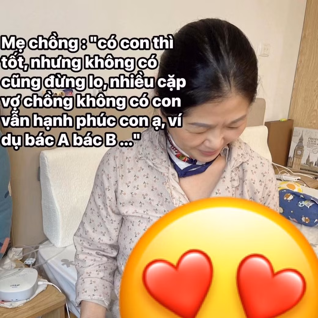 Tuy nhiên, thay vì chỉ trích con dâu, cả nhà chồng có thái độ khiến cô nàng ấm lòng. Mẹ chồng an ủi "Có con thì tốt, nhưng không có cũng đừng lo, nhiều cặp vợ chồng không có con vẫn hạnh phúc".