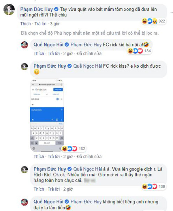 Không chỉ có Đức Huy, Quế Ngọc Hải cũng ngay lập tức cho rằng Duy Mạnh chính là Rich Kid Hà Nội thế nhưng lại viết nhầm thành Rich Kiss và bị bóc mẽ ngay lập tức dù đã sửa lại.