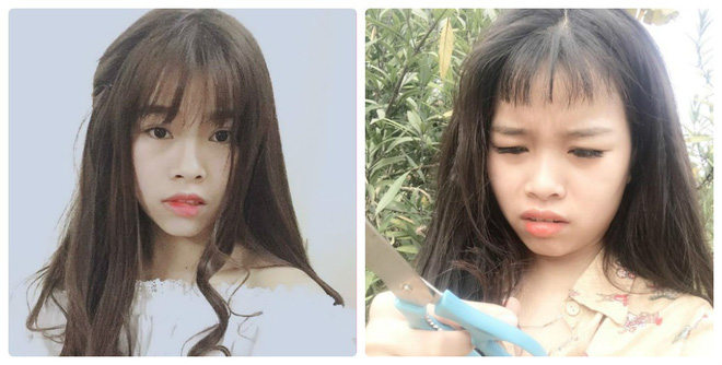 Cô bạn này tỏ ra khá hối hận khi tự tay cắt phăng bộ tóc mái của mình.