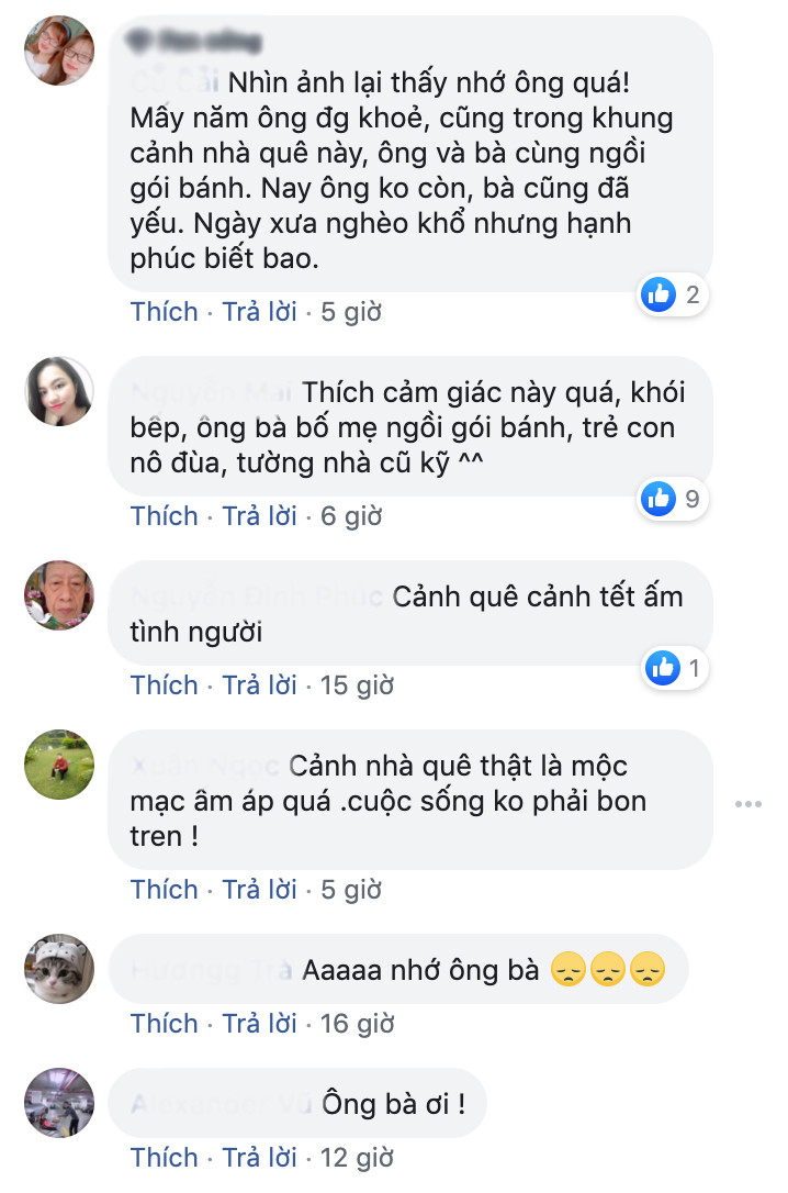 Xem xong bộ ảnh, ai cũng nhớ về những ngày tết vô lo vô nghĩ ngày xưa. Facebooker A.N bình luận: "Giờ nhà cao san sát, chẳng thấy mái ngói đỏ, khói bếp thơm mỗi dịp tết đến. Hơn nữa cũng ít người tự gói bánh chưng. Trẻ con bây giờ sẽ chả bao giờ hiểu được cảm giác đếm từng ngày mong tết như thế hệ mình ngày xưa".