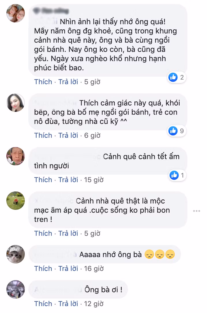 Xem xong bộ ảnh, ai cũng nhớ về những ngày tết vô lo vô nghĩ ngày xưa. Facebooker A.N bình luận: "Giờ nhà cao san sát, chẳng thấy mái ngói đỏ, khói bếp thơm mỗi dịp tết đến. Hơn nữa cũng ít người tự gói bánh chưng. Trẻ con bây giờ sẽ chả bao giờ hiểu được cảm giác đếm từng ngày mong tết như thế hệ mình ngày xưa".