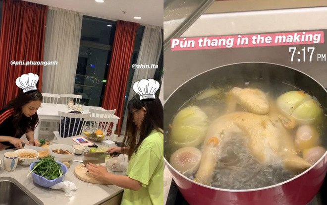 Ở nhà quá rảnh rỗi, Quỳnh Anh Shyn cũng rủ nhóm bạn sang nhà cùng thực hiện món bún thang trứ danh của Hà Nội.