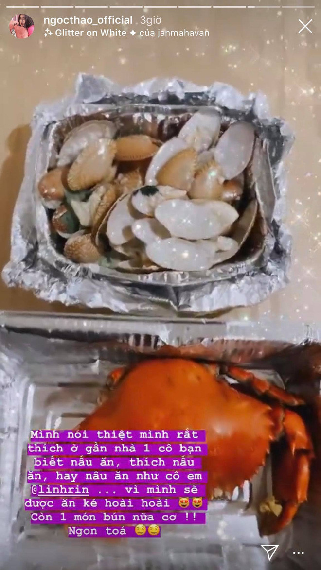 Không lâu sau đó, trên trang cá nhân của Ngọc Thảo khoe được Linh Rin ship đồ ăn sang cho. "Mình rất thích ở gần nhà 1 cô bạn biết nấu ăn, thích nấu ăn như Linh Rin. Mình sẽ được ăn ké hoài hoài. Còn một món bún nữa cơ" - Hot girl Sài Thành viết.