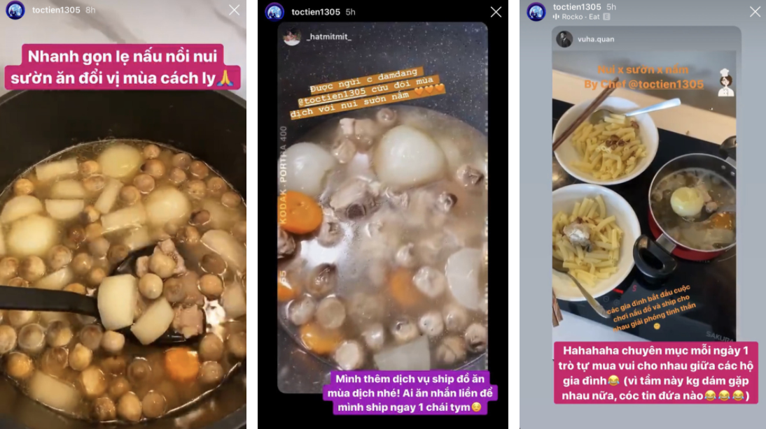 Tóc Tiên có lẽ là người tham gia trào lưu khoe thành quả nấu ăn nhiệt tình nhất trên mạng xã hội. Từ thịt kho, sườn nấu, nui,... đều được cô nàng bắt tay vào thực hiện trong thời gian cách ly toàn xã hội. Tất nhiên nấu nhiều thì ăn không hết, cô nàng lại nhiệt tình ship tận nơi cho bạn bè cùng thưởng thức.