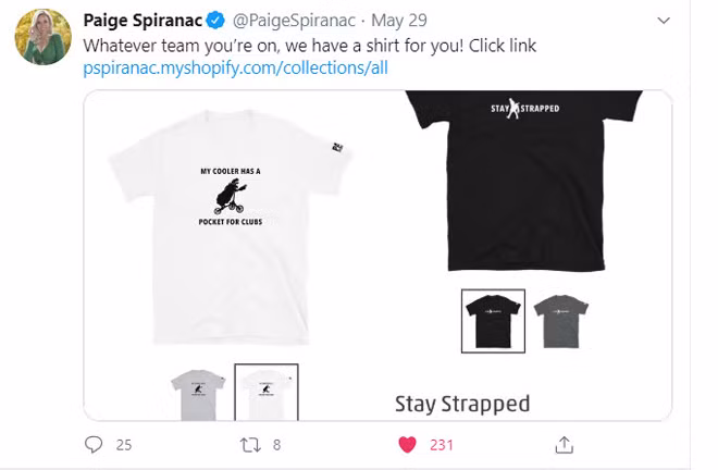 ...nữ golfer tận dụng cơ hội này để bán áo. 