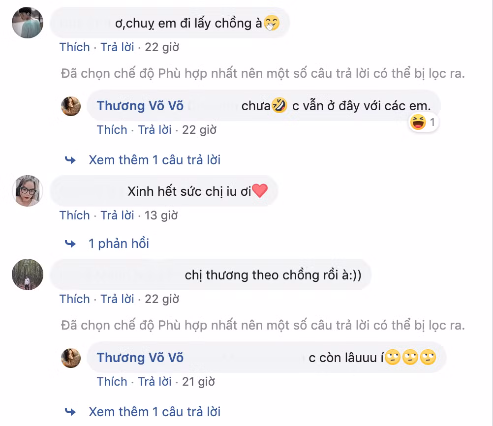 Bên dưới phần bình luận, nhiều người bày tỏ sự tò mò không biết liệu có phải Thương Võ chuẩn bị "theo chồng bỏ cuộc chơi" hay không? Cô nàng ngay lập tức phủ nhận, cho biết còn lâu mới lên xe hoa.