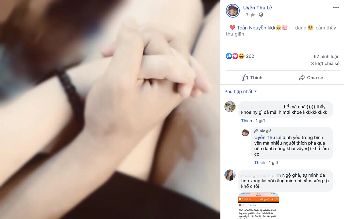 Không những vậy, Thu Uyên lần đầu công khai hình ảnh nắm tay và còn tag Văn Toản vào ảnh. Bên dưới phần bình luận, hot girl Hải Phòng ám chỉ việc Nguyệt Hà đang cố tình phá đám và tự ảo tưởng ra chuyện yêu đương với Văn Toản.