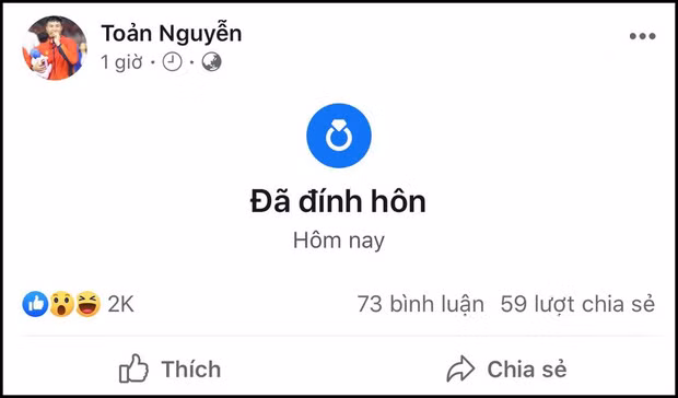 Giữa scandal "cắm sừng" người yêu, Văn Toản và bạn gái hiện tại Thu Uyên đồng loạt đổi sang tình trạng "đã đính hôn" trên trang cá nhân như một lời khẳng định về tình cảm lâu bền.
