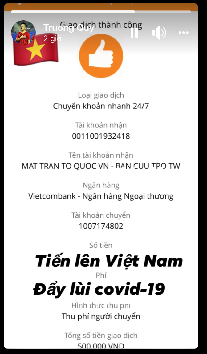 Trương Văn Thái Quý ủng hộ 500.000 đồng cùng dòng trạng thái "Tiến lên Việt Nam, đẩy lùi Covid-19". Mới đây, anh chàng cùng CLB Hà Nội giành Siêu cúp Quốc gia trong trận gặp TP HCM.