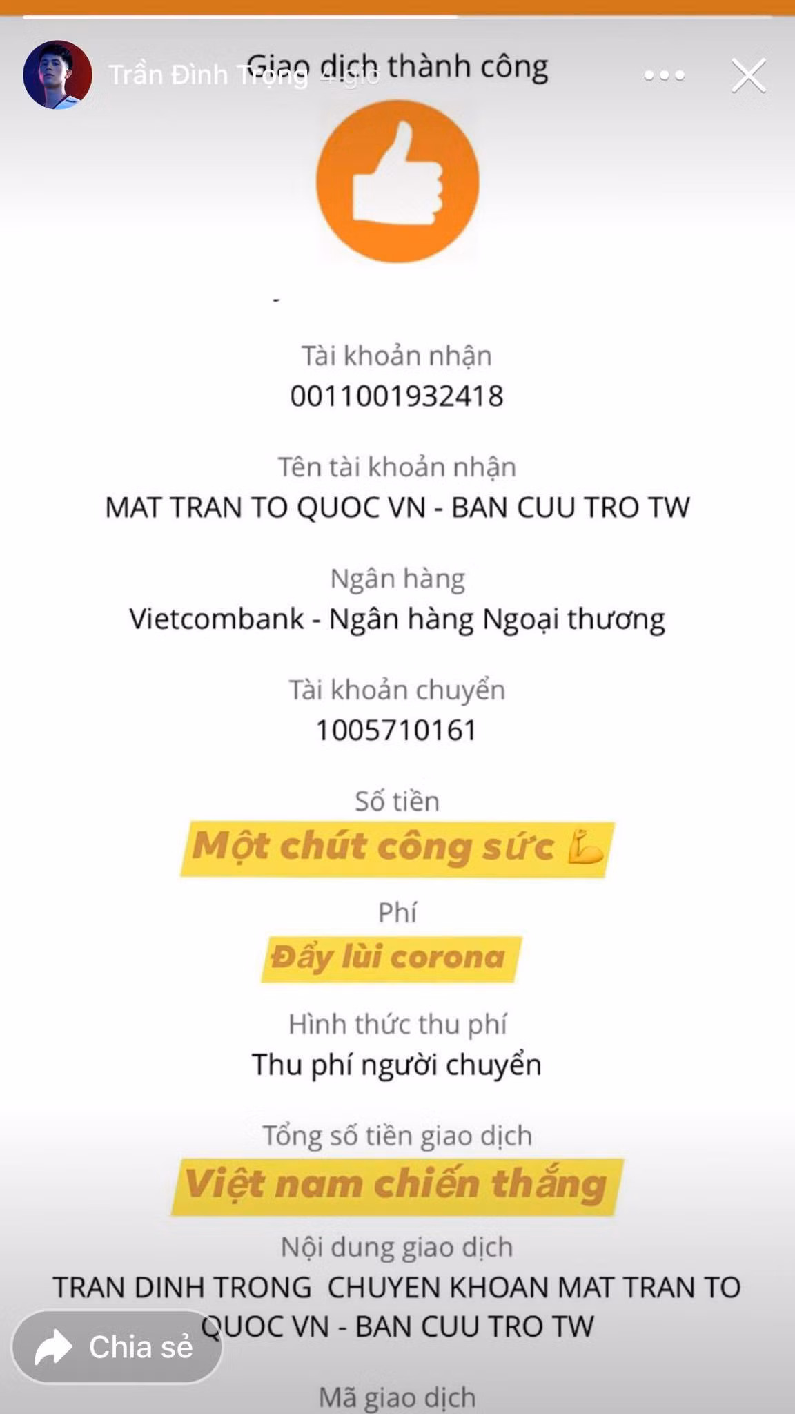"Một chút công sức đẩy lùi Corona. Việt Nam chiến thắng" - Đình Trọng viết trên trang cá nhân. Hậu vệ này vẫn đang phải nghỉ thi đấu ít nhất 3 tháng do chưa hồi phục hoàn toàn chấn thương.
