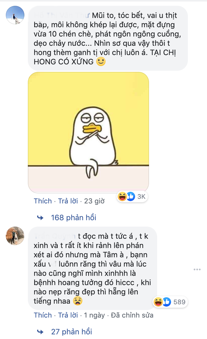 "Mình không xinh nhưng nếu phải xinh như bạn này thì mình không thèm. Không hiểu lấy đâu ra tự tin, tự cho rằng bản thân sở hữu dung nhan khiến người khác ghen tỵ?", "Anh là con trai đây em nhưng anh vẫn không thể hiểu nổi em xinh đẹp cho nào? Nếu nhà không có gương thì mọi người góp tiền vào mua tặng chứ đừng ăn nói hàm hồ nữa" - Hai trong số hàng nghìn bình luận "ném đá" Thanh Tâm từ phía cộng đồng mạng.