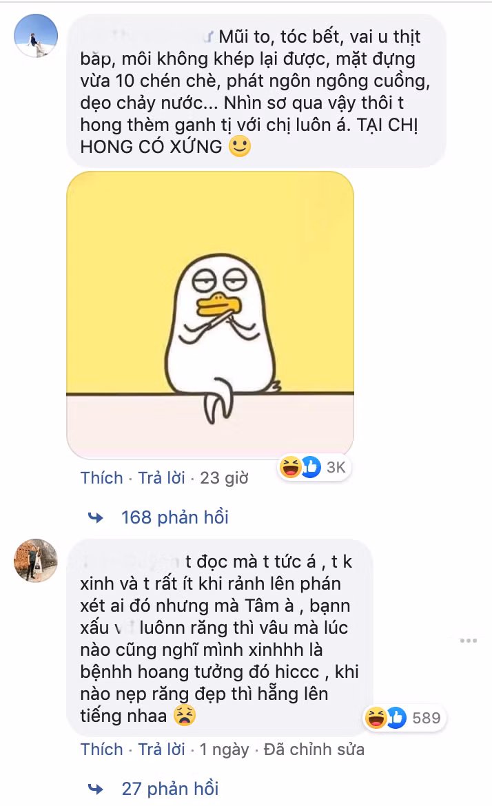 "Mình không xinh nhưng nếu phải xinh như bạn này thì mình không thèm. Không hiểu lấy đâu ra tự tin, tự cho rằng bản thân sở hữu dung nhan khiến người khác ghen tỵ?", "Anh là con trai đây em nhưng anh vẫn không thể hiểu nổi em xinh đẹp cho nào? Nếu nhà không có gương thì mọi người góp tiền vào mua tặng chứ đừng ăn nói hàm hồ nữa" - Hai trong số hàng nghìn bình luận "ném đá" Thanh Tâm từ phía cộng đồng mạng.