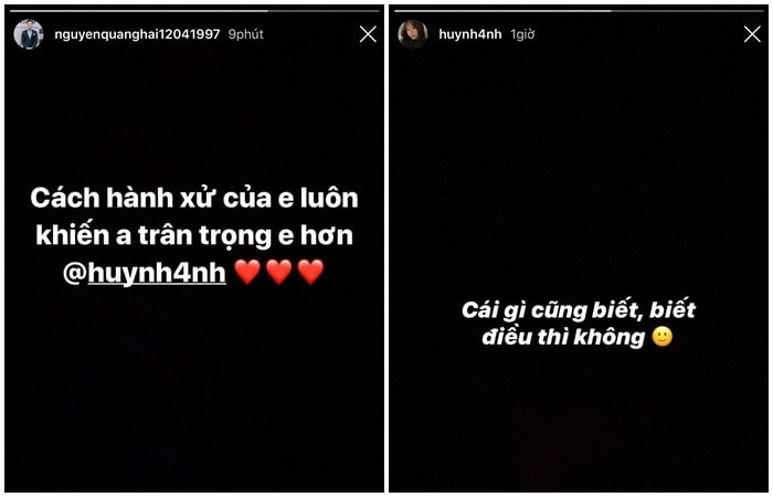 Vừa qua, Quang Hải cũng công khai khen ngợi bạn gái trên trang cá nhân: "Cách hành xử của em luôn khiến anh trân trọng em hơn". Thế nhưng, Huỳnh Anh lại đăng tải trạng thái đầy khó hiểu: "Cái gì cũng biết, biết điều thì không".