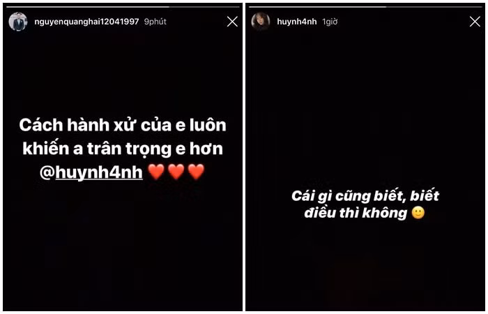 Vừa qua, Quang Hải cũng công khai khen ngợi bạn gái trên trang cá nhân: "Cách hành xử của em luôn khiến anh trân trọng em hơn". Thế nhưng, Huỳnh Anh lại đăng tải trạng thái đầy khó hiểu: "Cái gì cũng biết, biết điều thì không".
