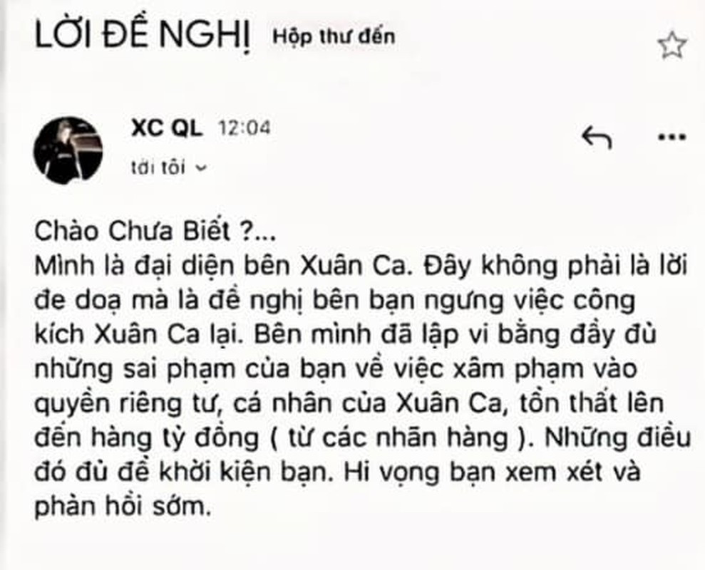 Không chỉ vậy một trang Tiktoker có khá nhiều lượt theo dõi, đã đăng tải nội dung mail được cho là từ phía đại diện Xuân Ca, yêu cầu trang này gỡ các nội dung công kích nữ Tiktoker.
