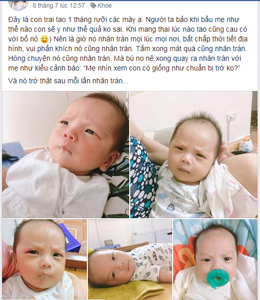 Mới đây, cậu bé gần 2 tháng tuổi này được mẹ đăng đàn khoe ảnh trong một nhóm kín trên facebook chỉ vì lúc nào cũng có một biểu cảm nhăn trán. (Ảnh:Khongsocho)